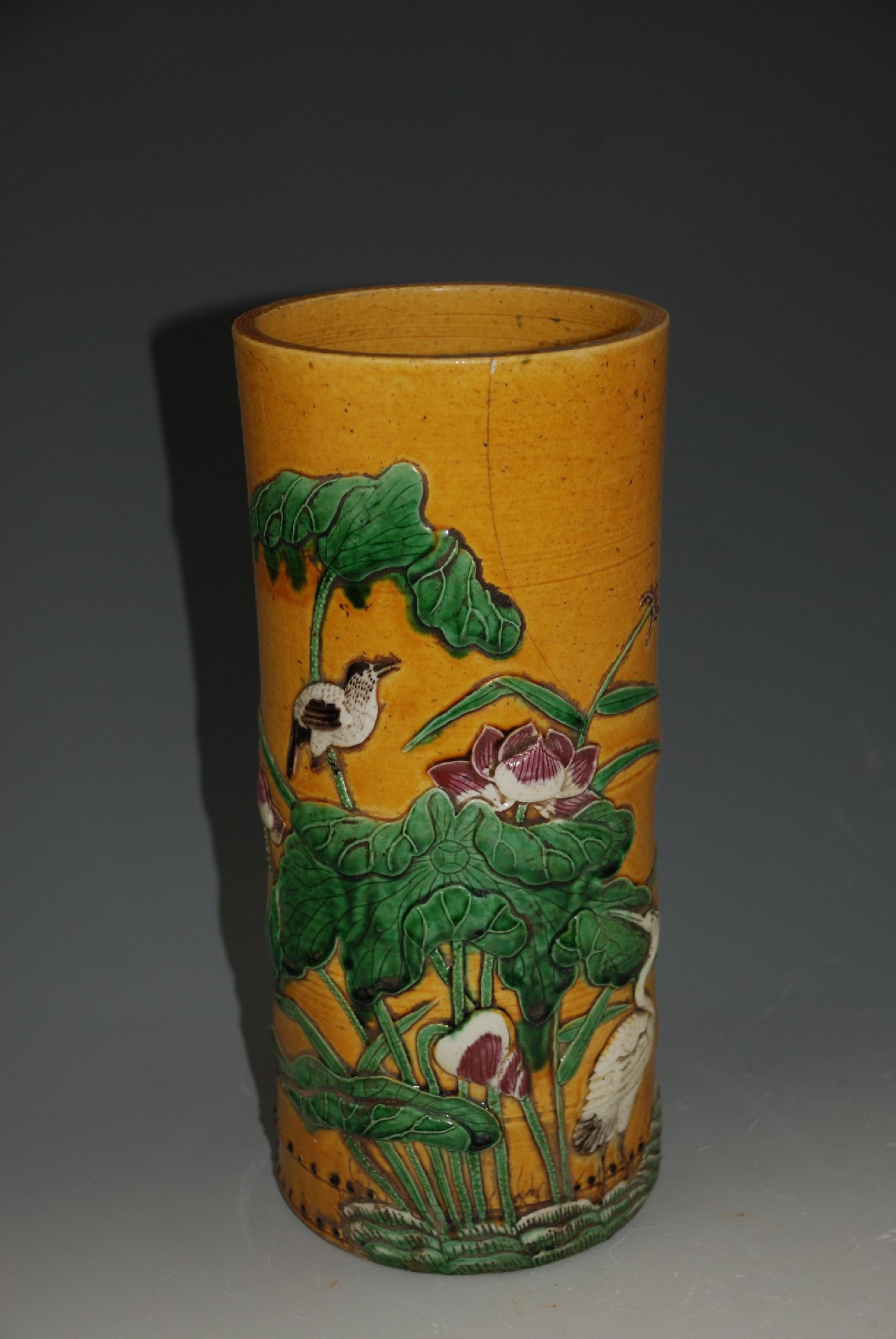 清素三彩“一路连科”竹节帽筒